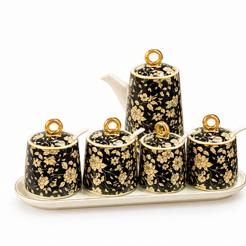 🌿 Spice Jars | Ceramic | Kitchen Counter | Gift for Hosts | Golden Floral Charm