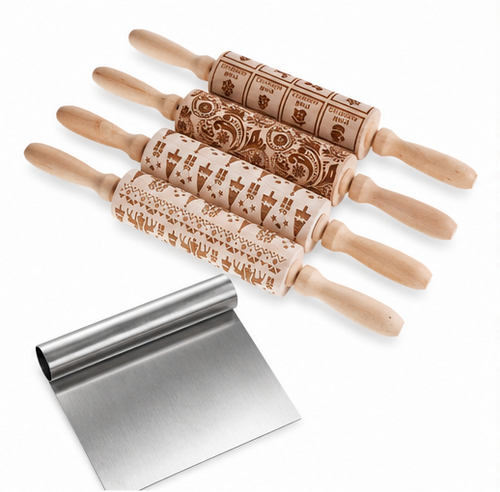 🥐 Baking Tools | Wood & Steel | Pastry Prep | Gift for Bakers | Embossed Patterns