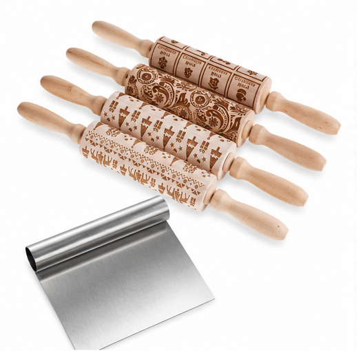 🥐 Baking Tools | Wood & Steel | Pastry Prep | Gift for Bakers | Embossed Patterns