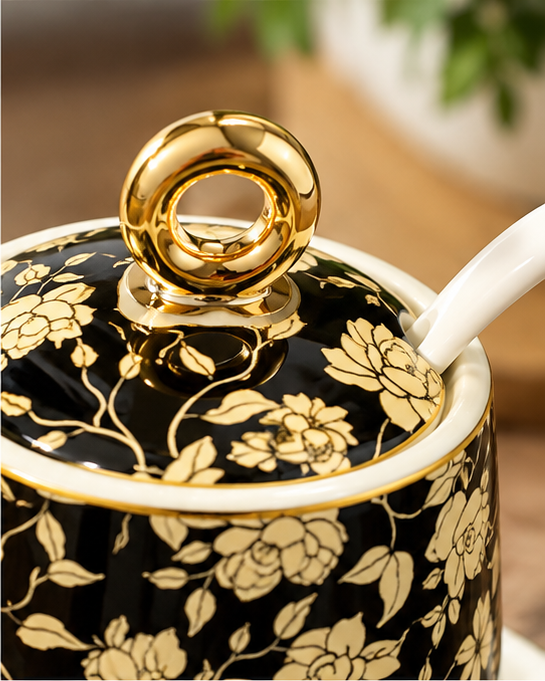 🌿 Spice Jars | Ceramic | Kitchen Counter | Gift for Hosts | Golden Floral Charm