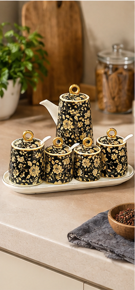 🌿 Spice Jars | Ceramic | Kitchen Counter | Gift for Hosts | Golden Floral Charm