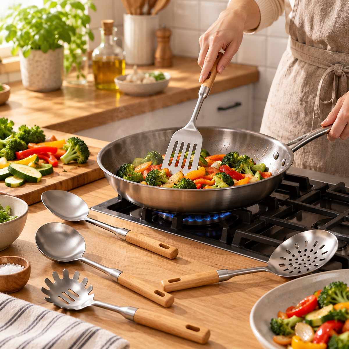 🥄 Cooking Utensils | Steel & Wood | Daily Kitchen | Gift for Cooks | Modern Finish