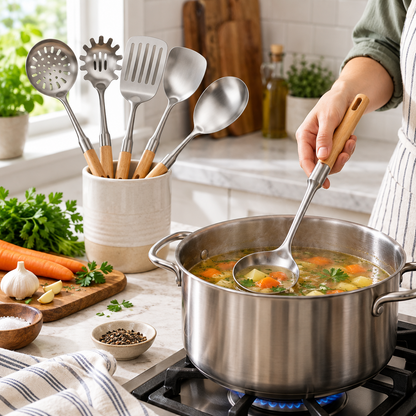 🥄 Cooking Utensils | Steel & Wood | Daily Kitchen | Gift for Cooks | Modern Finish