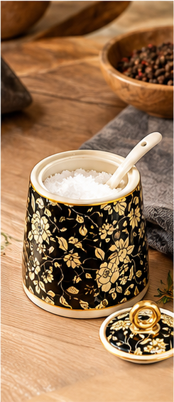🌿 Spice Jars | Ceramic | Kitchen Counter | Gift for Hosts | Golden Floral Charm