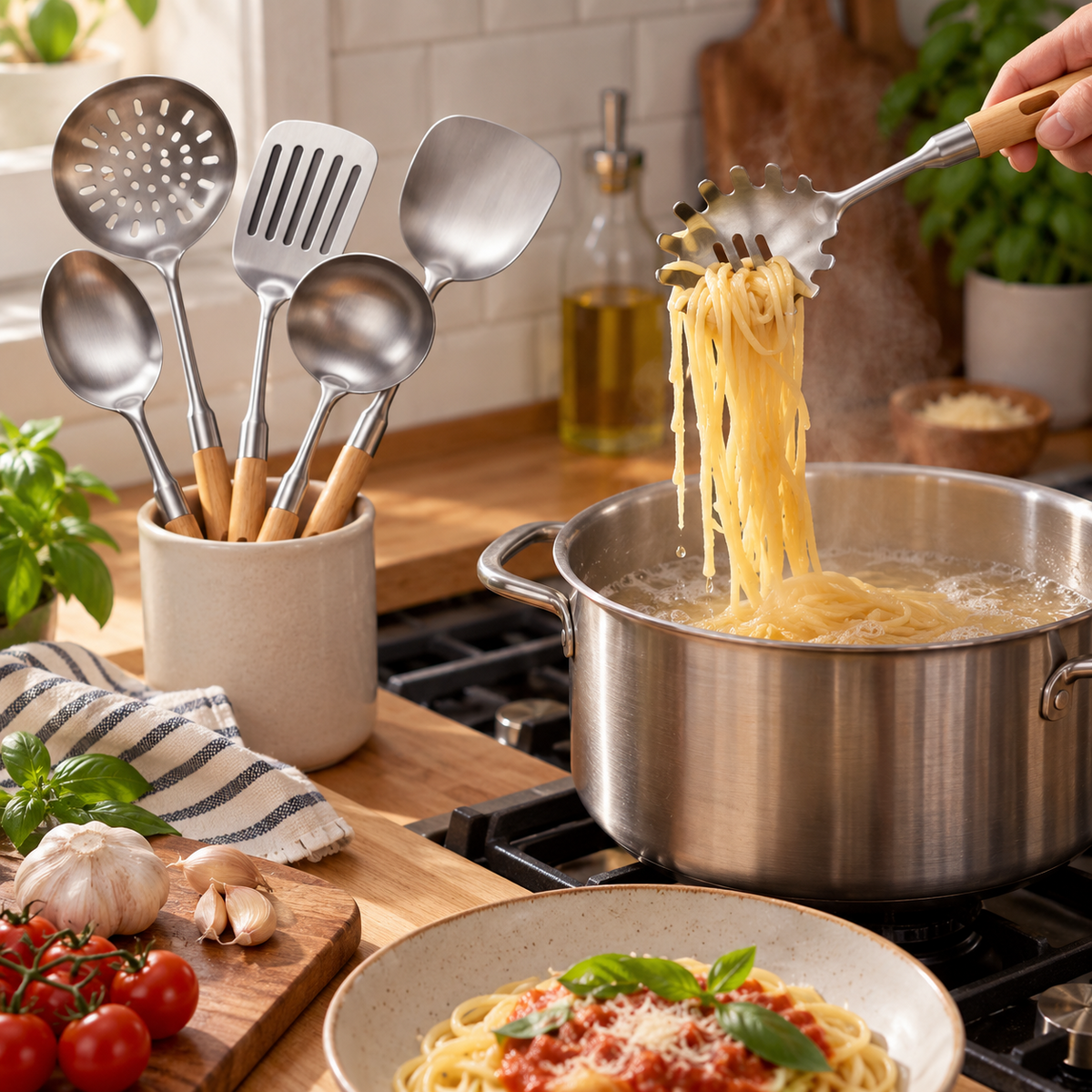🥄 Cooking Utensils | Steel & Wood | Daily Kitchen | Gift for Cooks | Modern Finish