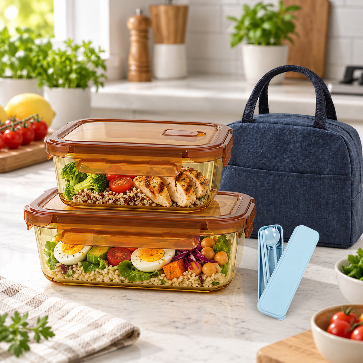 👜🍱 Food Storage | Glass & Plastic | Lunch Prep | Gift for Families | Amber Clear Design