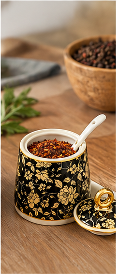 🌿 Spice Jars | Ceramic | Kitchen Counter | Gift for Hosts | Golden Floral Charm