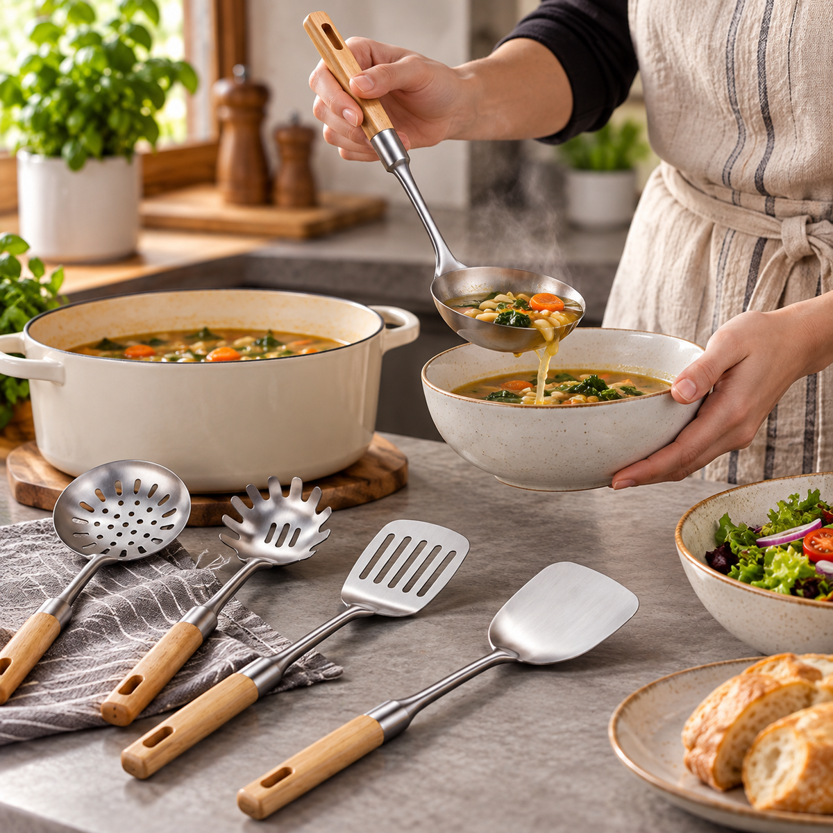 🥄 Cooking Utensils | Steel & Wood | Daily Kitchen | Gift for Cooks | Modern Finish