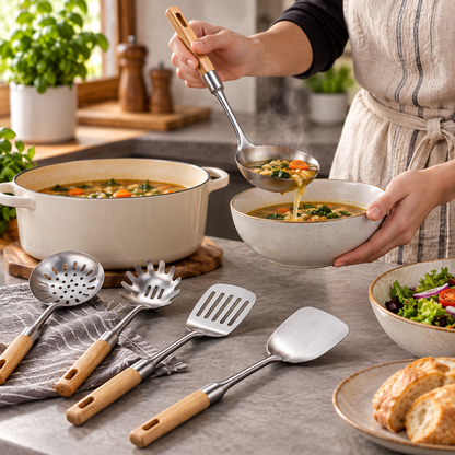 🥄 Cooking Utensils | Steel & Wood | Daily Kitchen | Gift for Cooks | Modern Finish